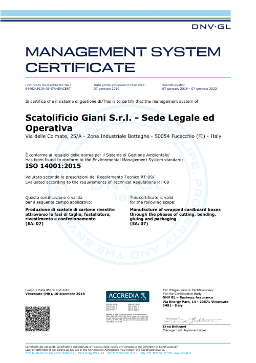 Certificazione sistema di Gestione per l'Ambiente (SGA) ISO 14001