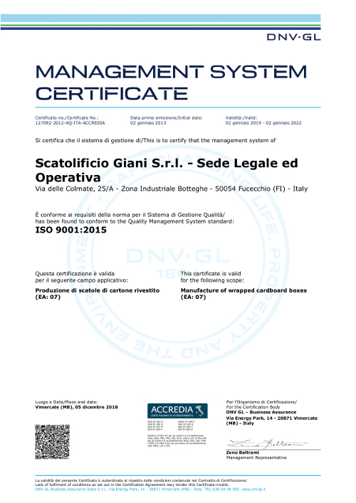 Certificazione sistema di Gestione per la Qualità (SGQ) ISO 9001